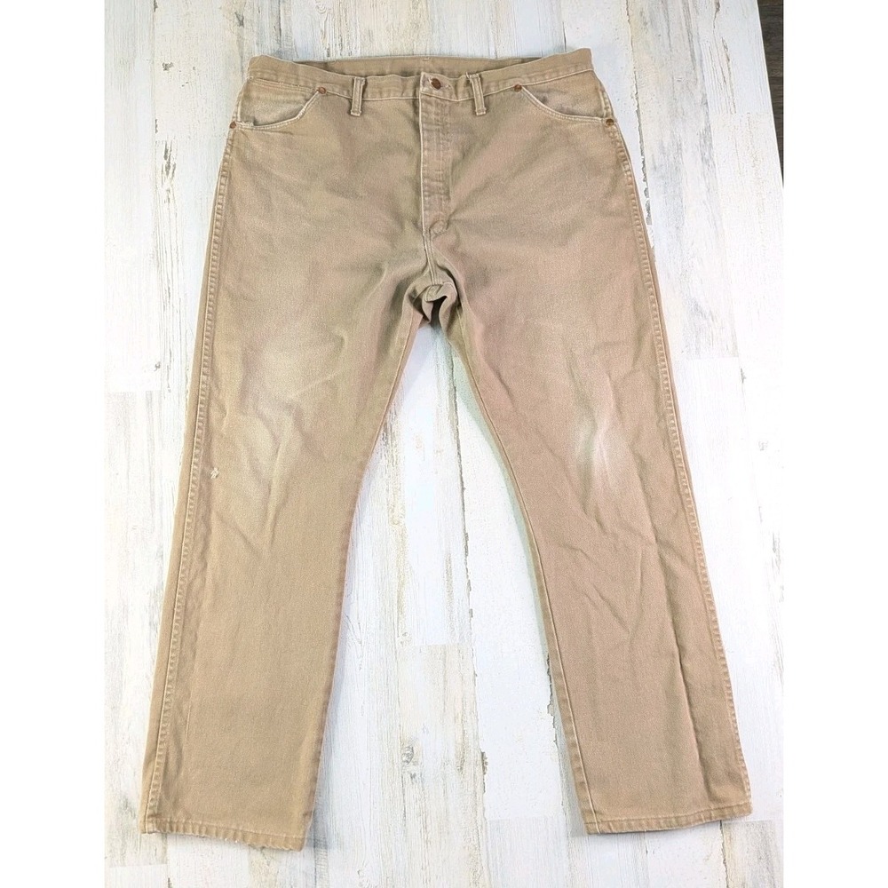 Vintage Wrangler Jeans Mens 41x31 Cowboy Cut Tan Khaki 13MWZ USA Made Distressed